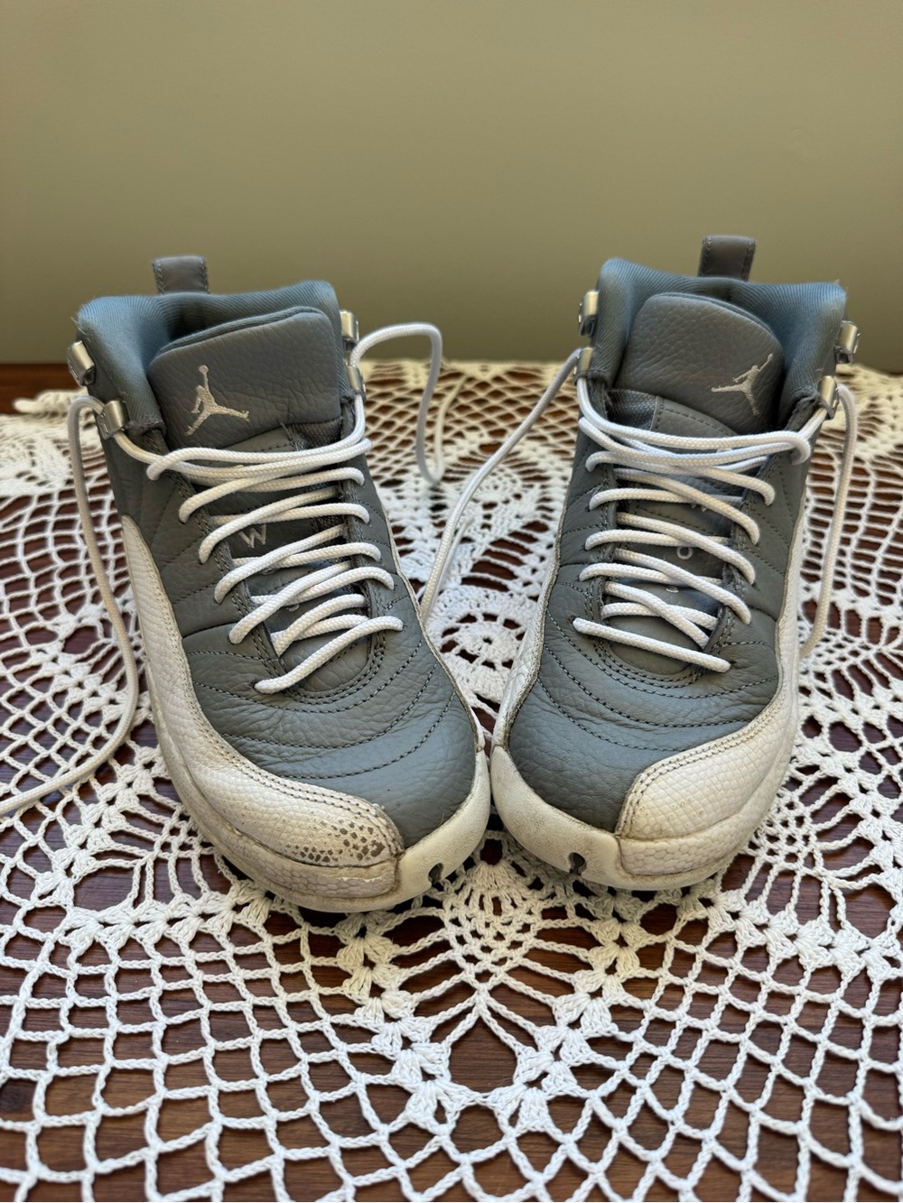 Kids Jordan 12 Retro Gray and White